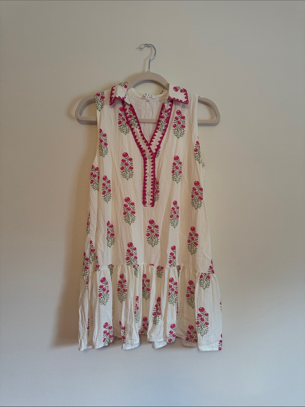 TCEC Sleeveless White Floral Embroidered Summer Dress - Pink Accents